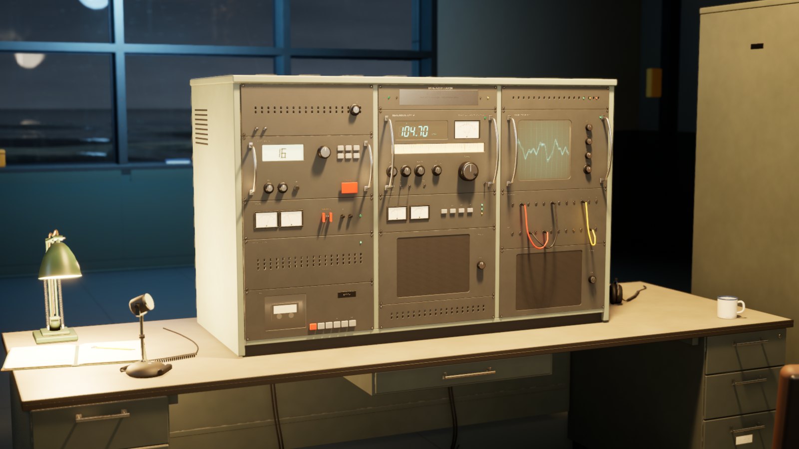 The station's radio desk, its receiver tuned to 104.70