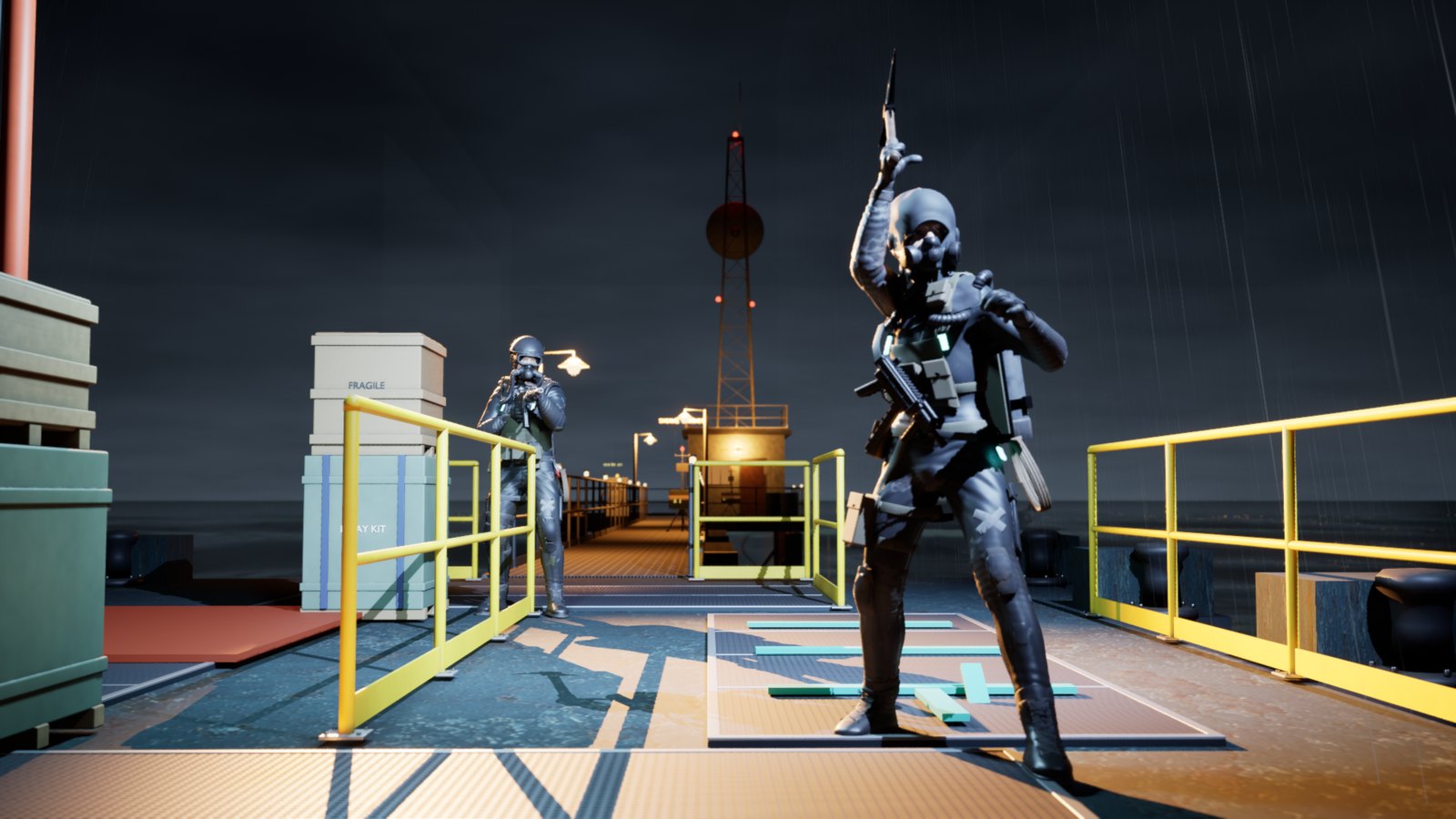Two Black Tide raiders on the station quay in the storm, one aiming a rifle, one raising a breaching pick